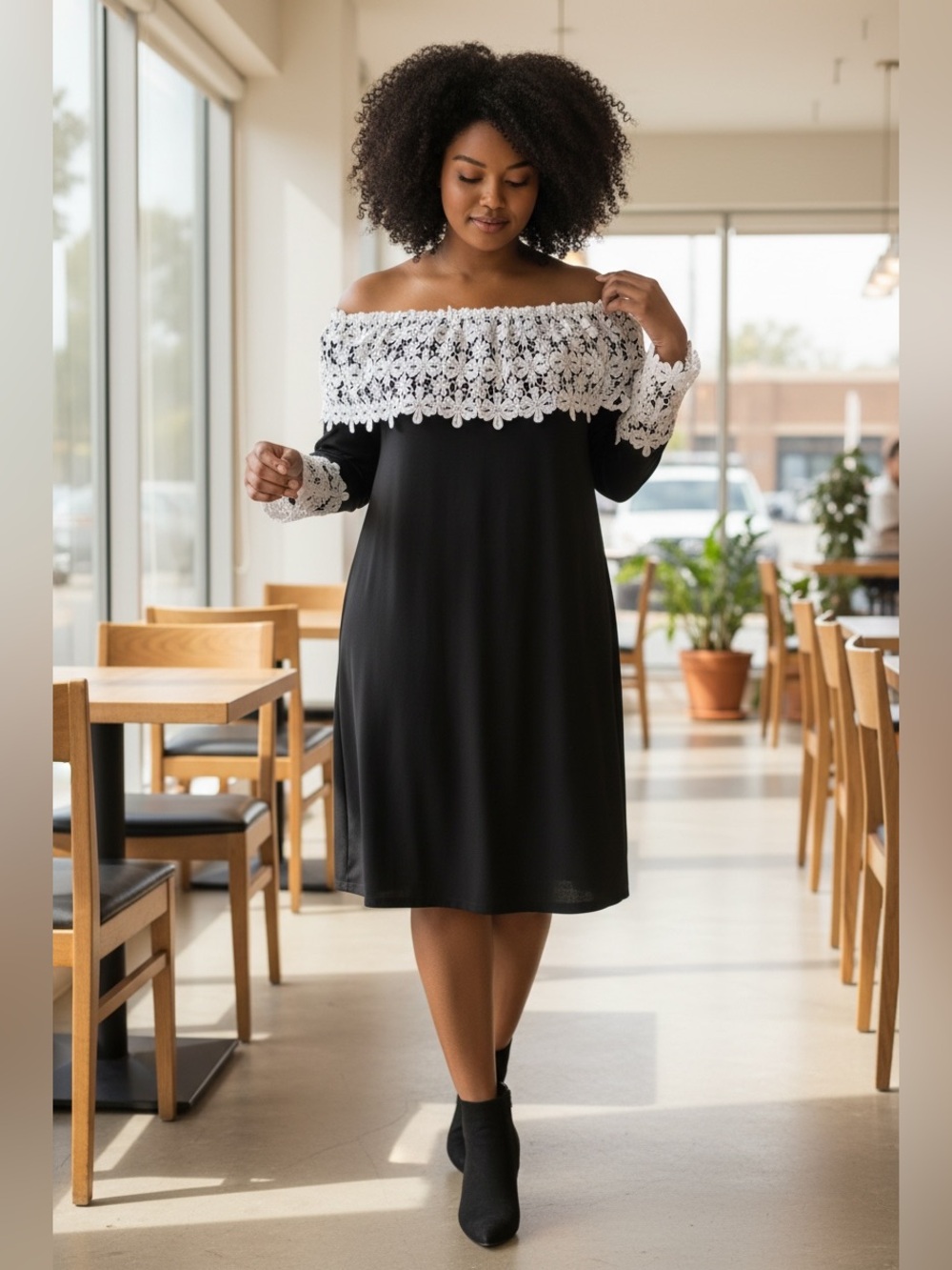 STYLEWE Off-Shoulder Black Dress with White Lace Trim